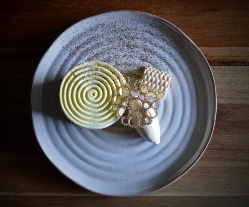 Sweet Corn Cheesecake, Vanilla Corn Mousse, Spiced Pumpkin Cake, Pumpkin Chantilly, Burnt Corn Husk Tuile