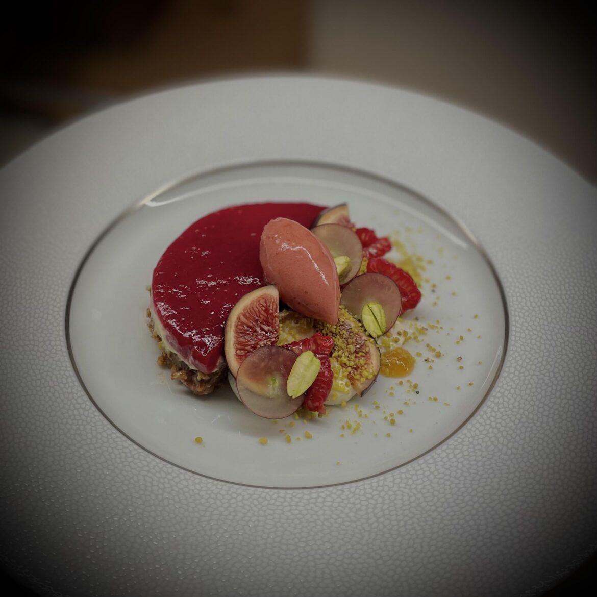 Pistachio and Raspberry Cheesecake. Fig Sorbet. Fresh Fruit & Pistachios.
