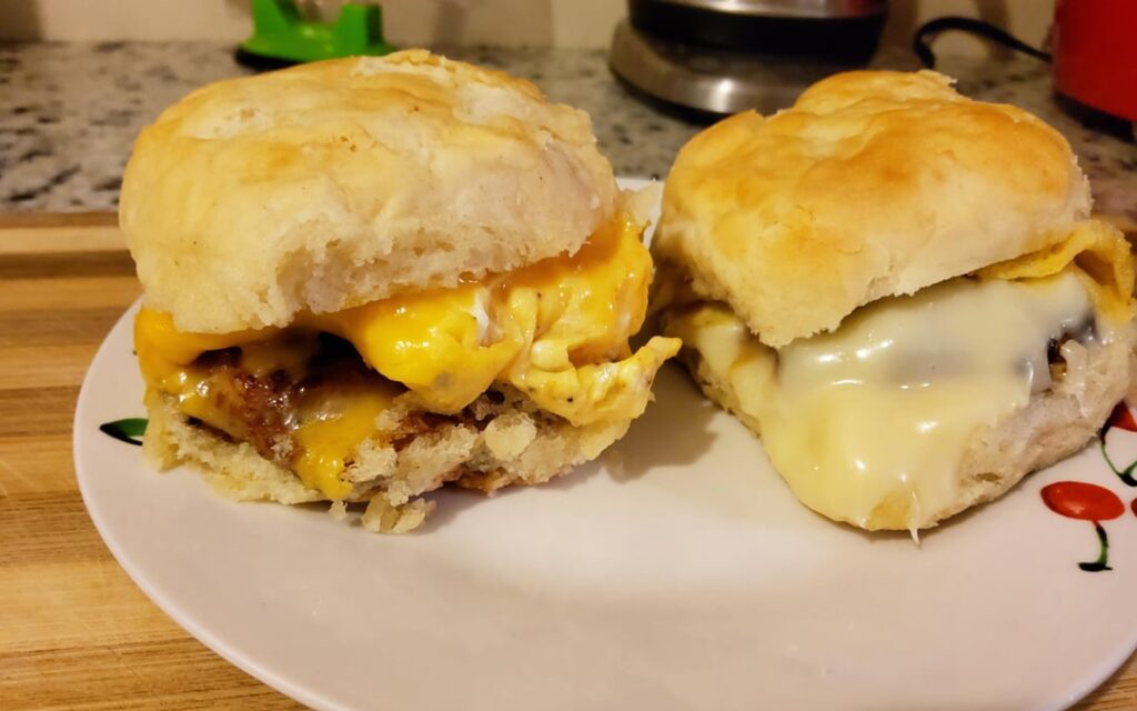 Good way to start the day with a pair of sausage egg cheese buttermilk biscuits.