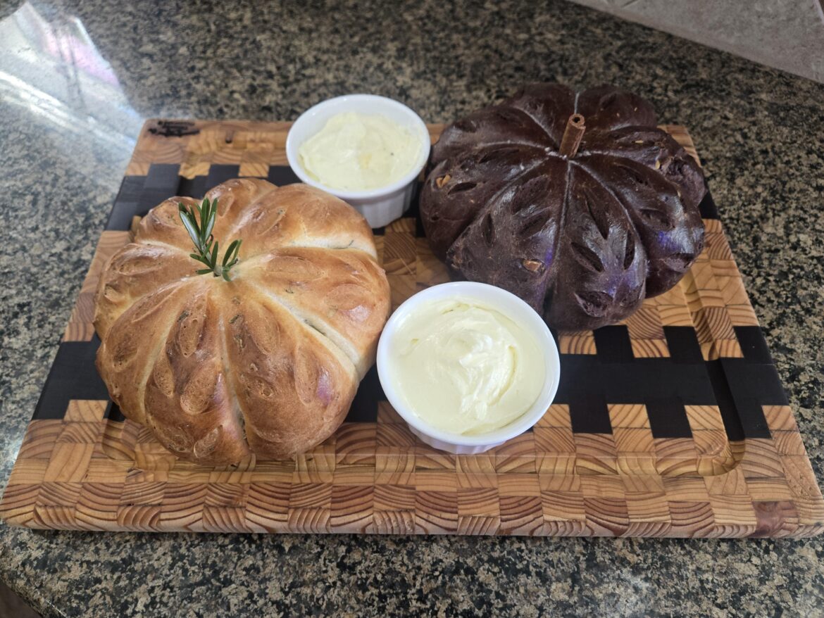 I was asked to bring bread to a fall dinner party so I made rosemary bread with a truffle salt compound butter and a chocolate walnut bread! Pumpkin shaped, of course.