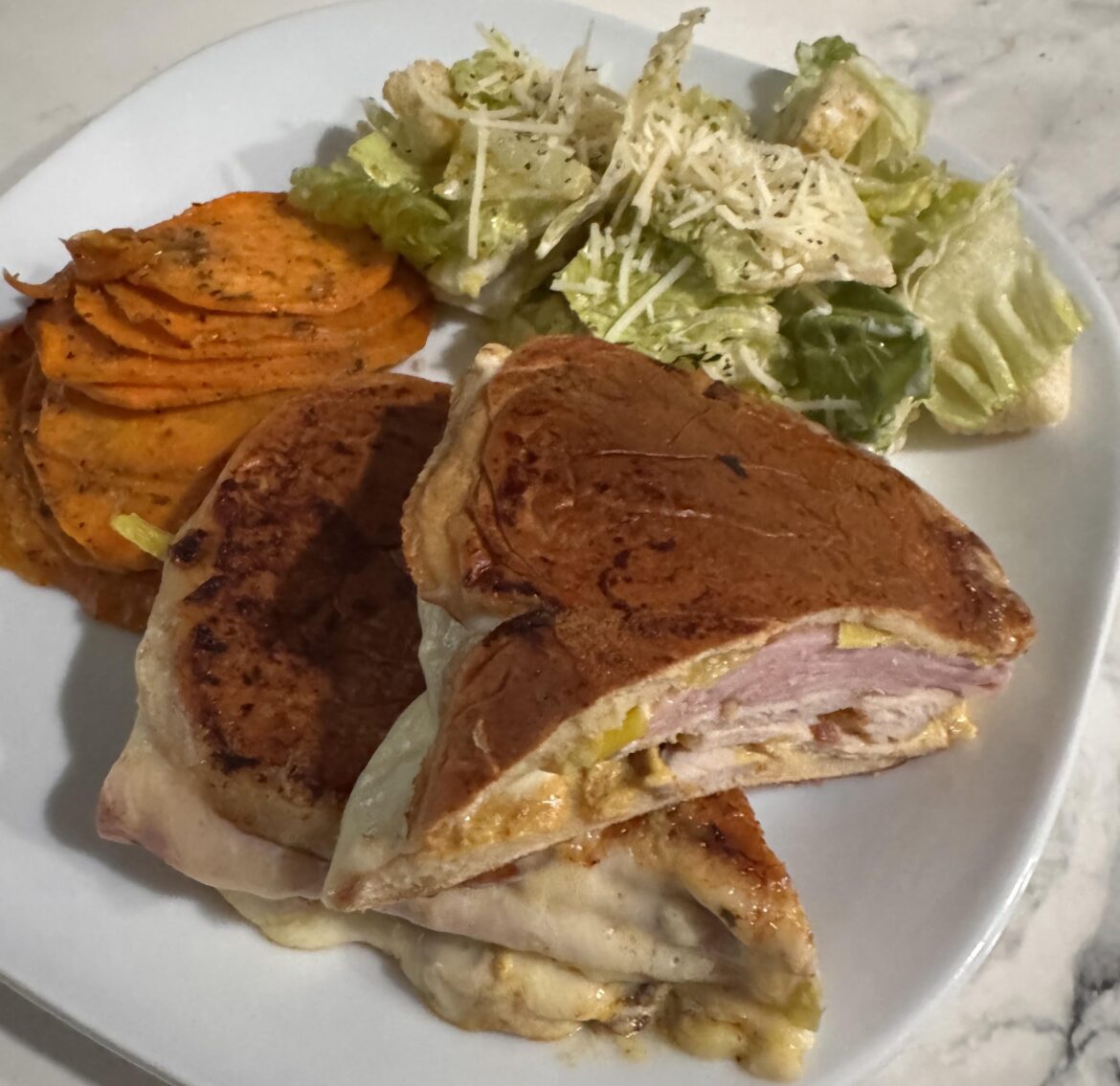 Used keto hamburger buns and made a cubano with some leftover pork tenderloin