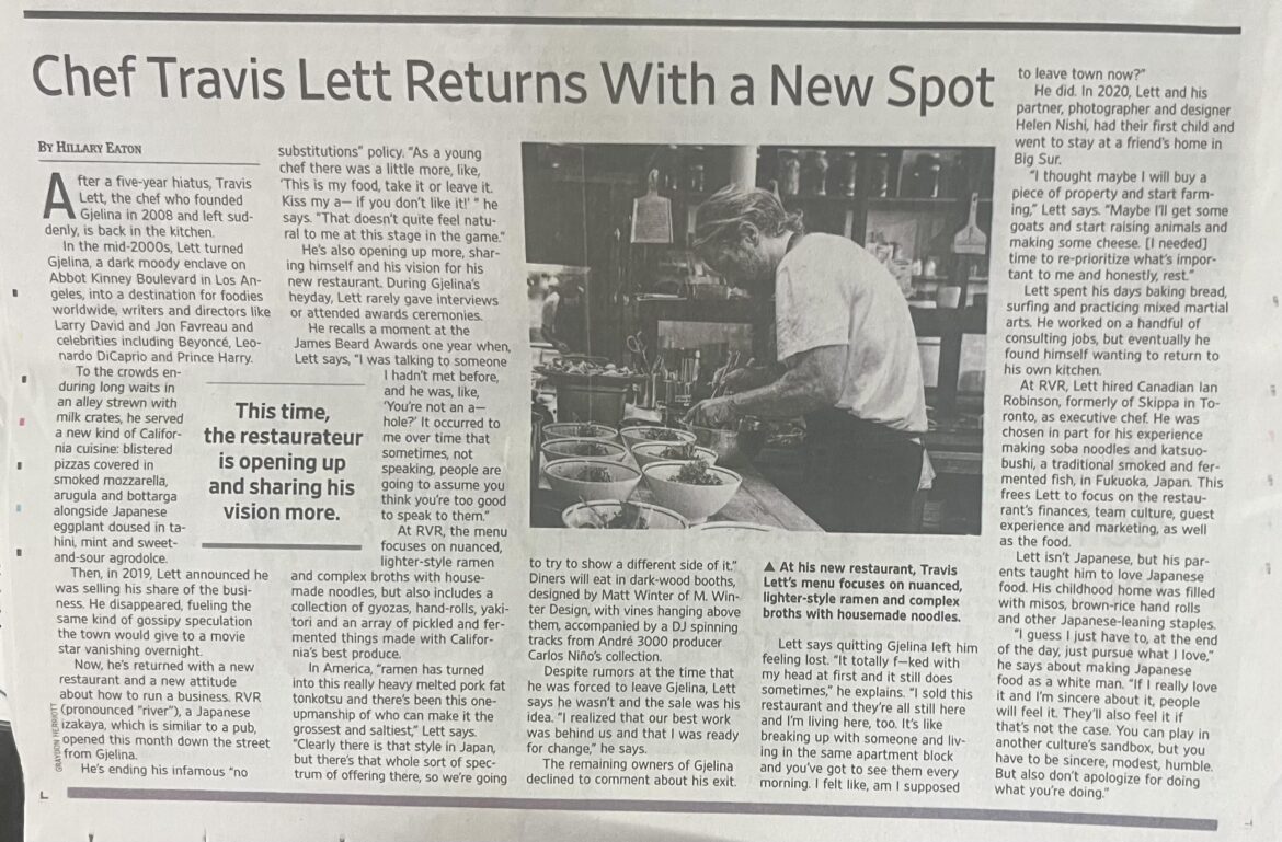 Chef Travis Lett, formerly of Gjelina, to open new restaurant RVR near his old place