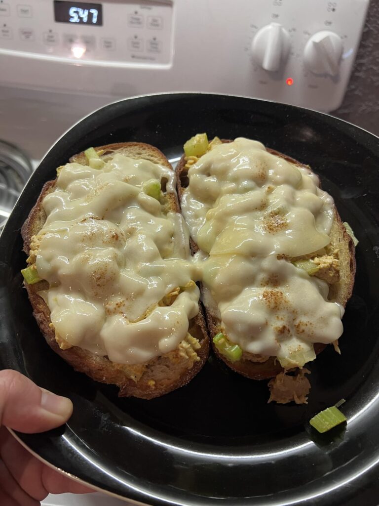 Curry chicken salad melt on pan toasted sourdough.