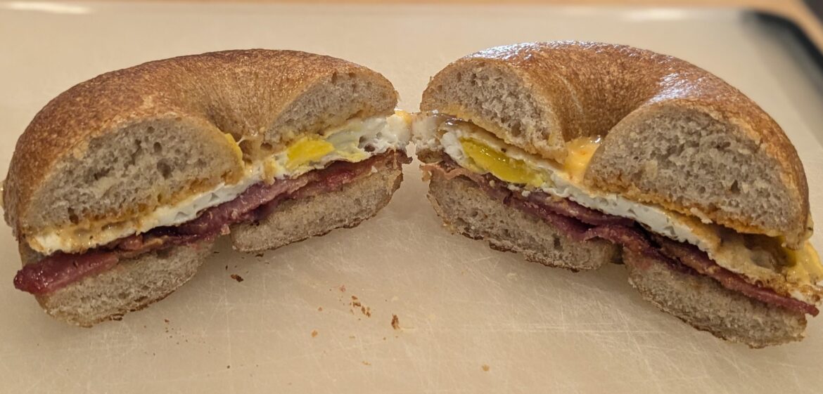 Bacon, egg, and cheese on one of my homemade bagels. Nothing better
