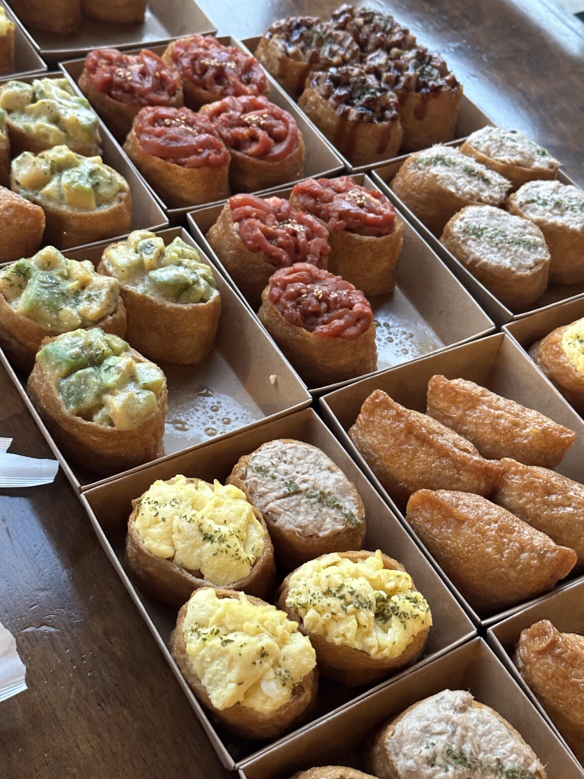 Korean style tofu sushi—bulgogi, pork kimchi, tuba mayonnaise and pollack roe avocado