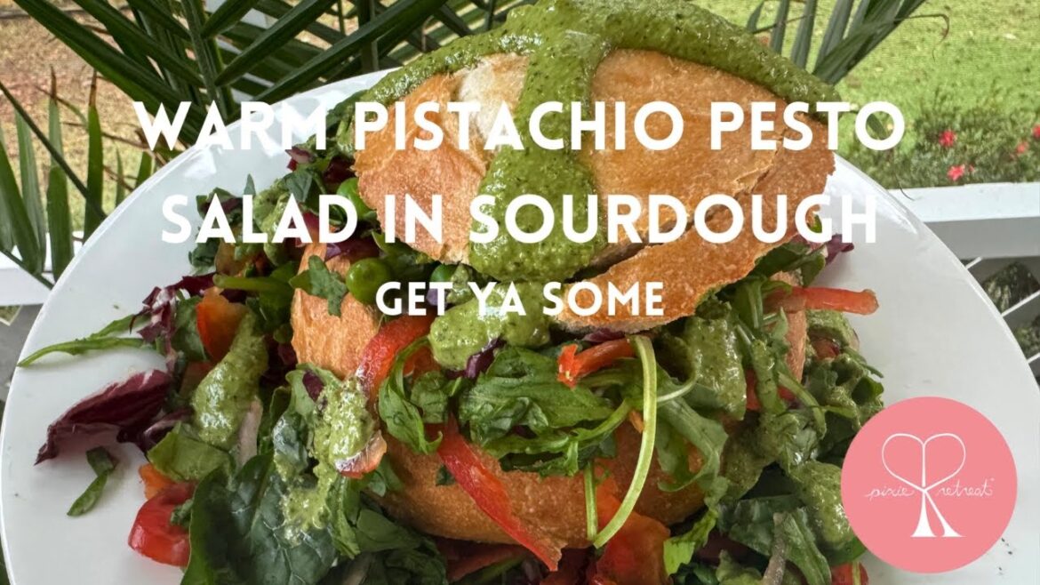 ORGANIC WARM PISTACHIO PESTO SALAD IN SOURDOUGH