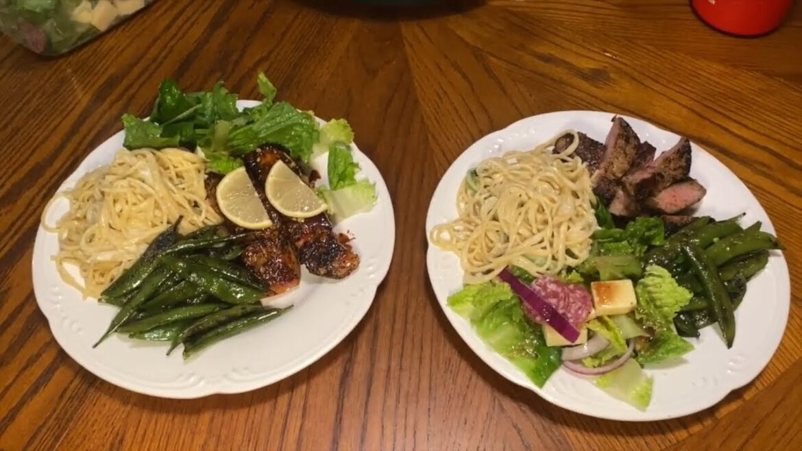 Garlic Honey Glazed Salmon, Steak, Lemon Ricotta Pasta, Roasted Sugar Snap Peas - Feast-001