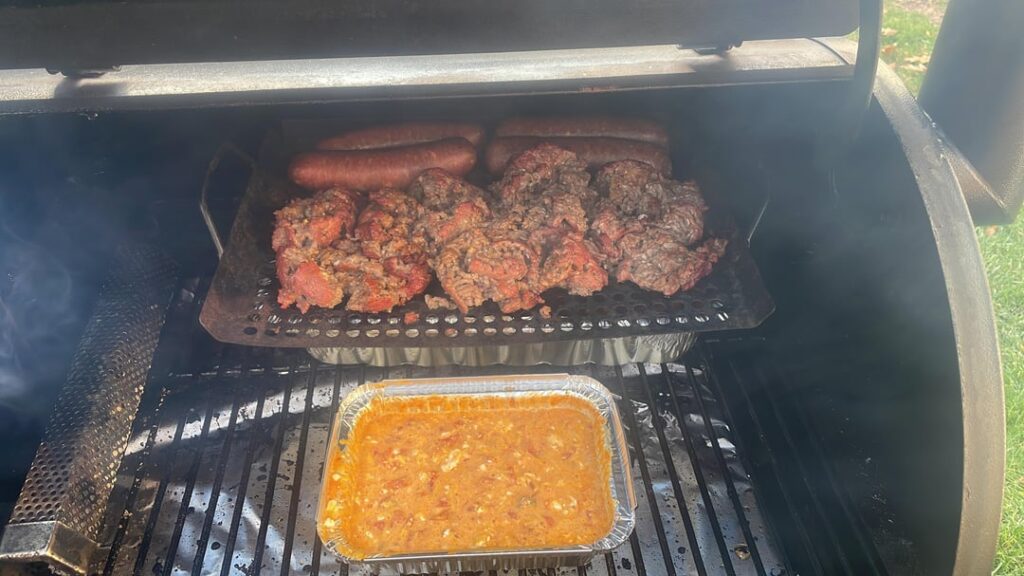 Smoked over the top Chili and beer cheese nachos