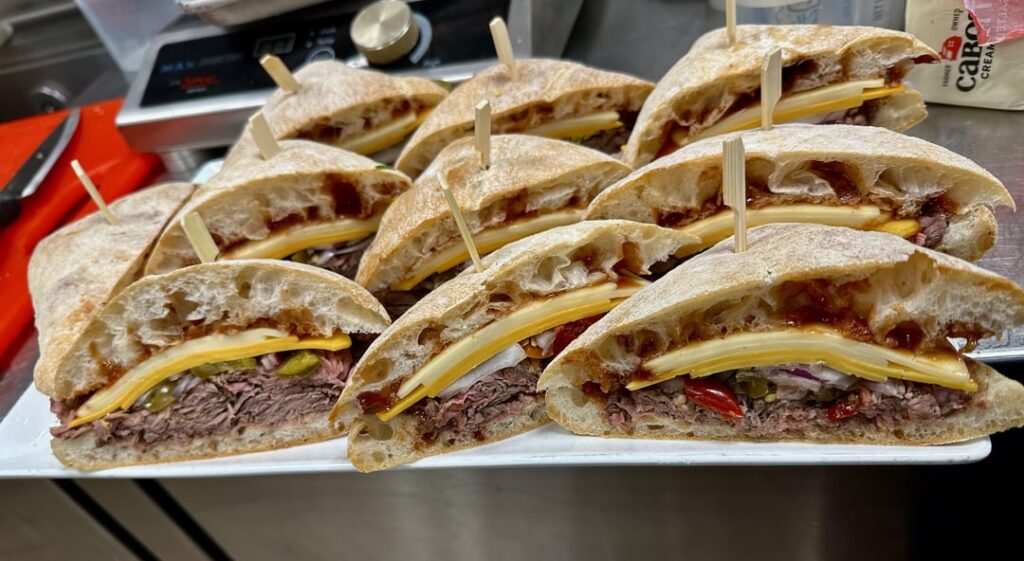 Roast beef, Swiss and Gruyère.  Roast beef and swiss. Chicken Caesar. Caprese.