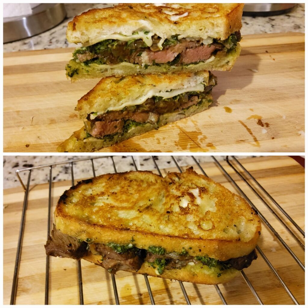 Grilled Flat iron steak sandwich with provolone and chimichurri sauce.