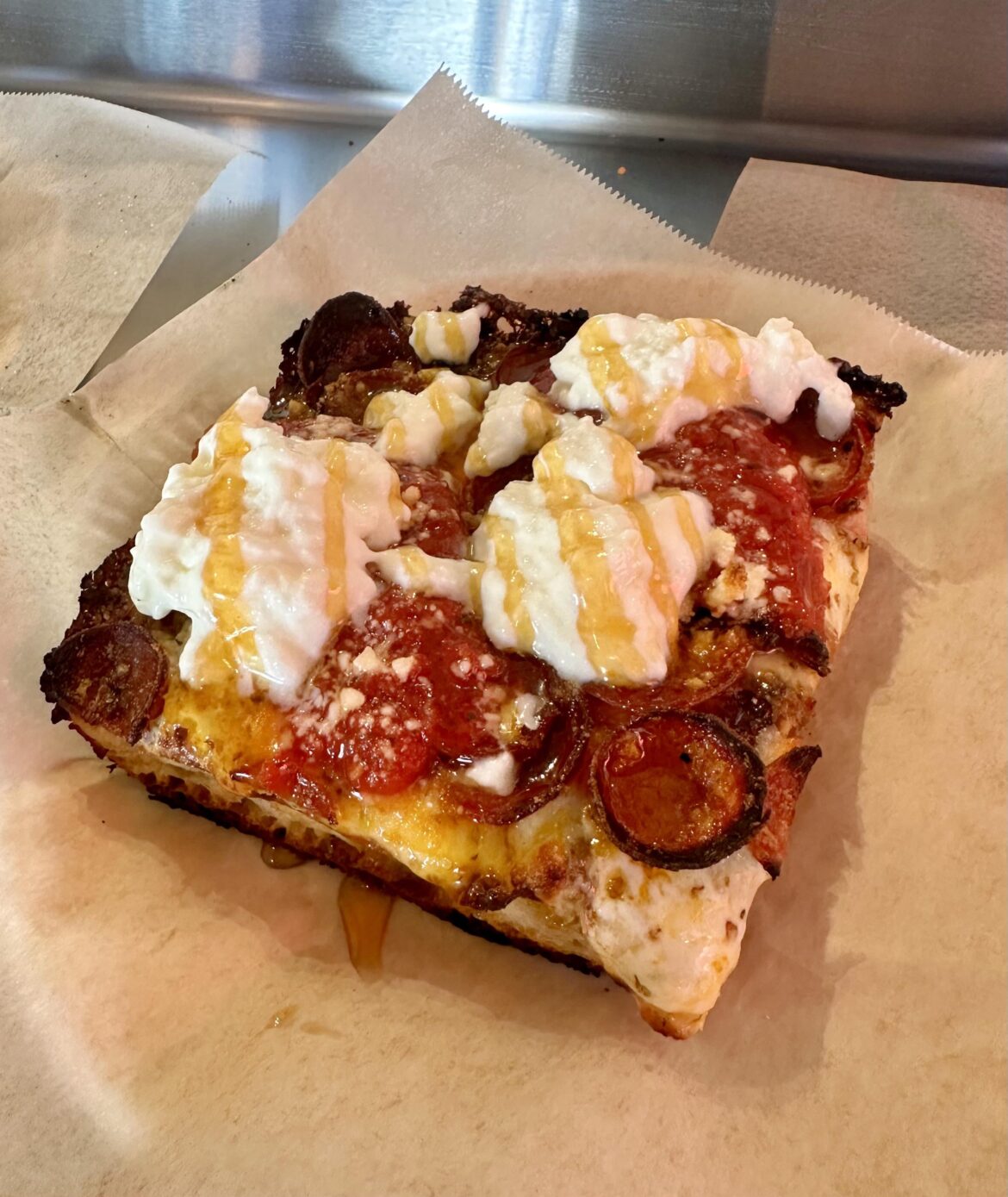 Apollonia’s - Square pepperoni with burrata and hot honey
