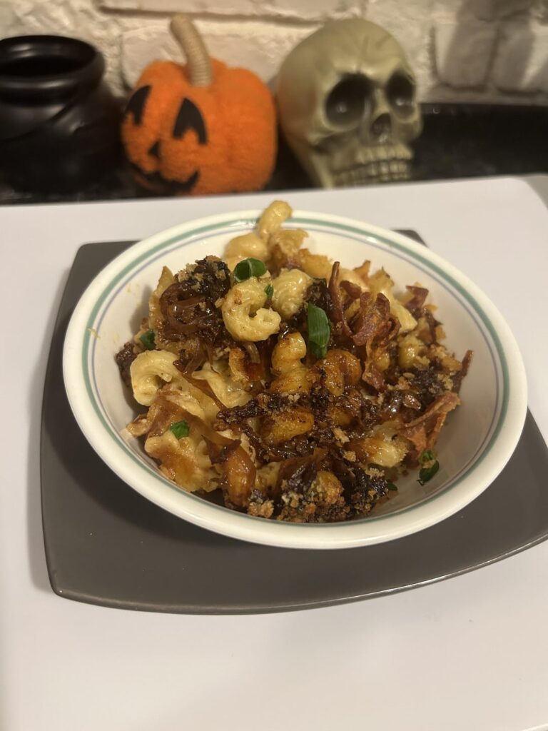 Made French onion bacon Mac n cheese today to pass the time and keep my nerves calm. I am pretty new to cooking in general and have never made anything this ambitious.