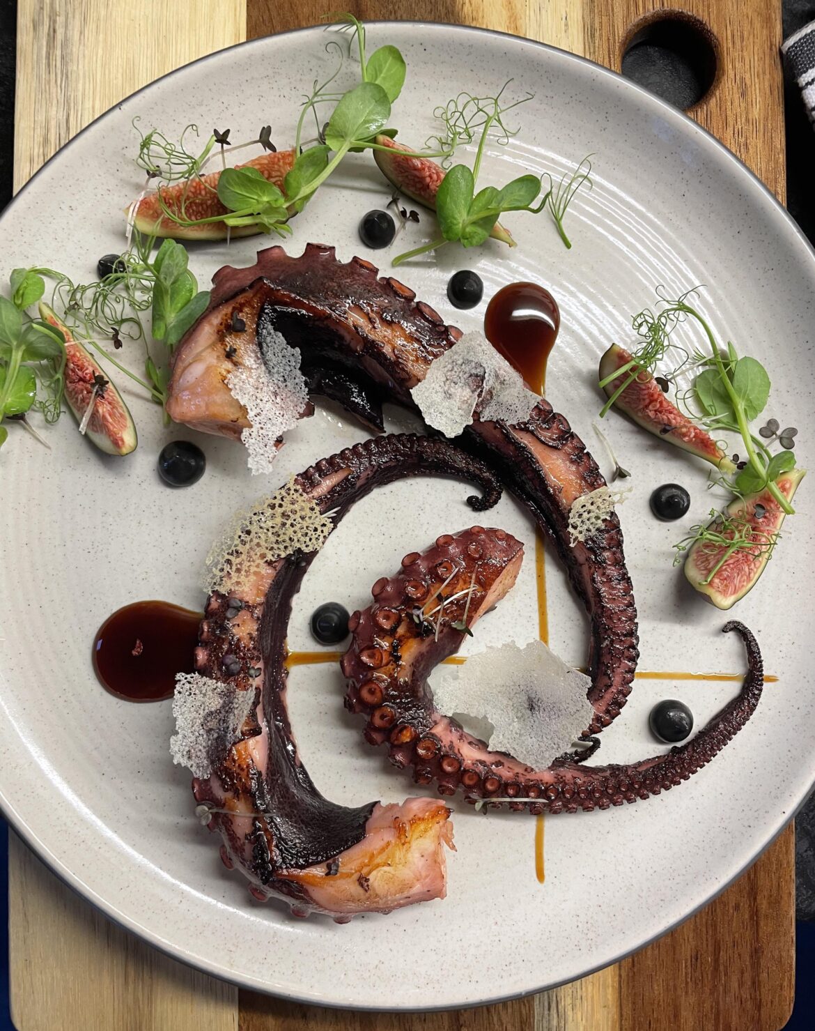 Octopus • Unagi Sauce • Figs • Pea shoots • Alioli Negro