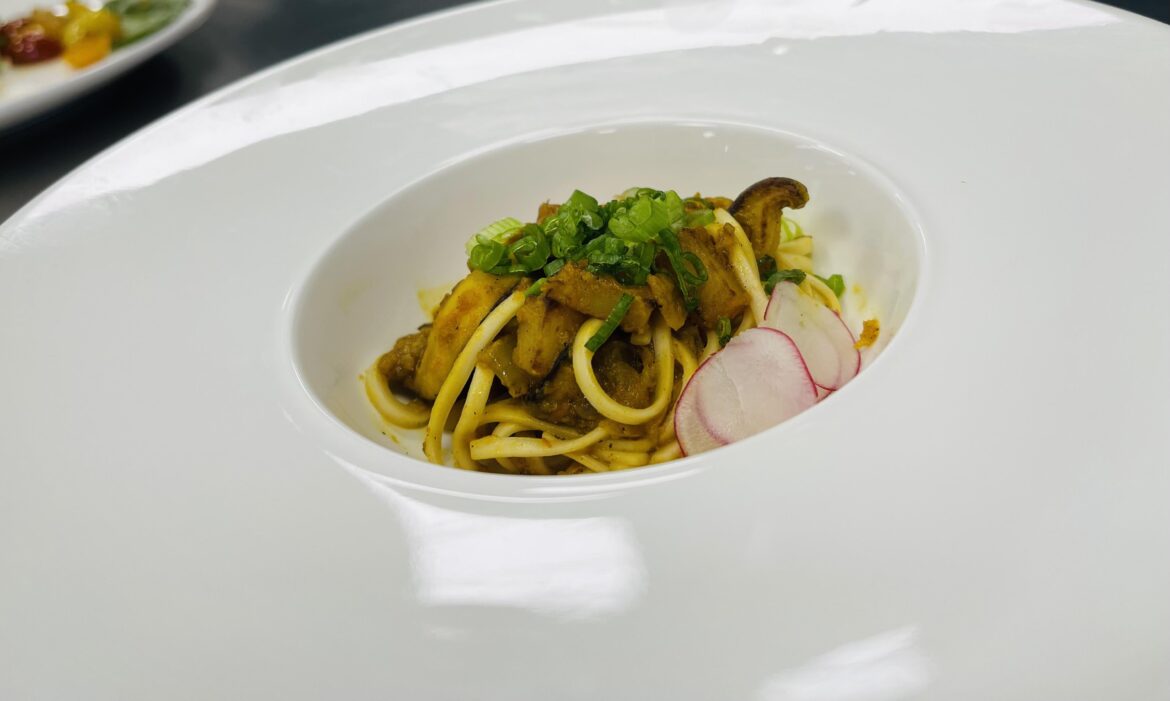 Practicing plating vegetarian Japanese udon