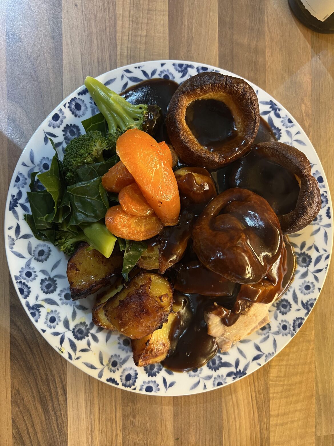 Roast pork shoulder dinner. Yes they’re frozen Yorkies, I only have a slimline (50cm) single oven so don’t have the space to make them properly.