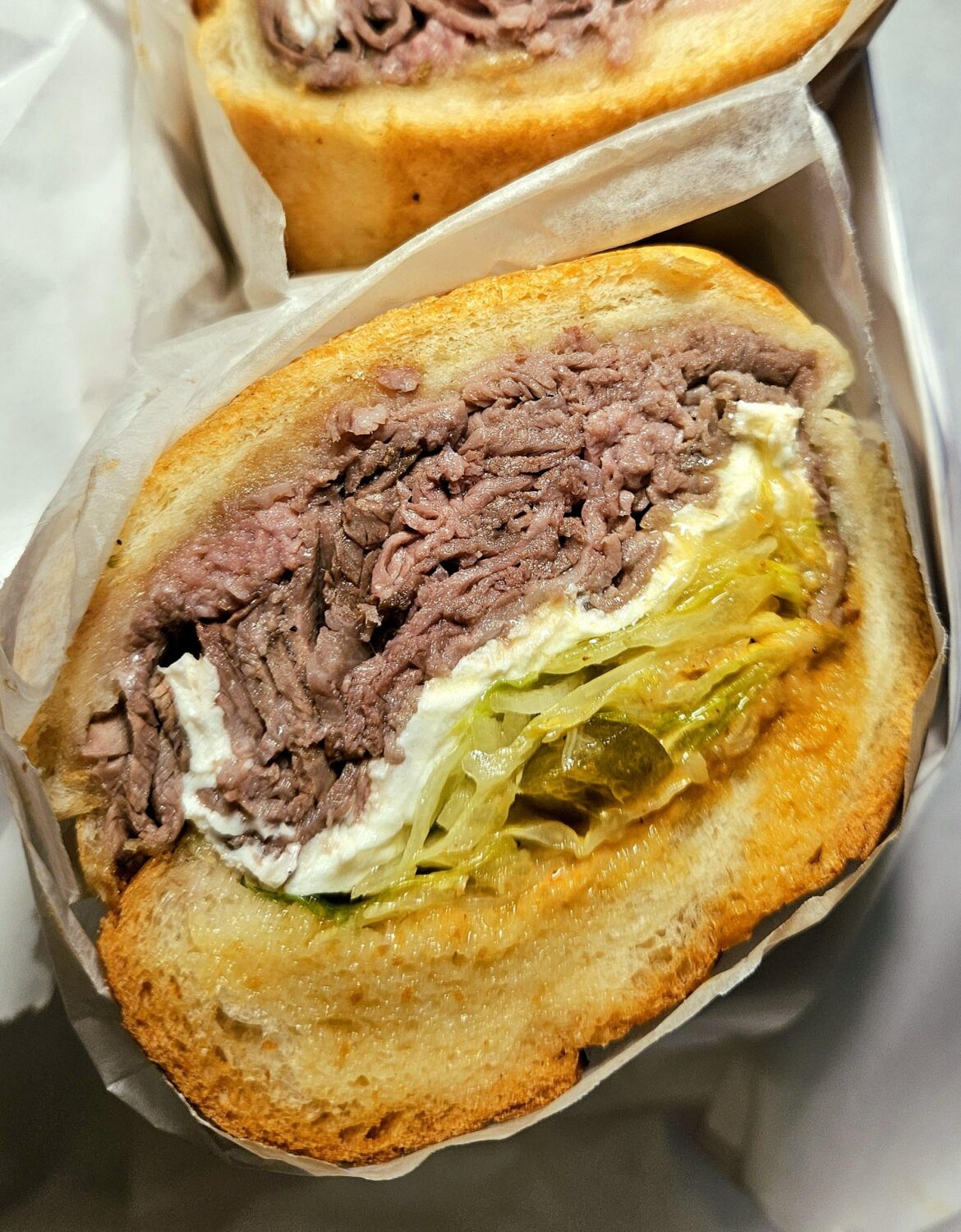 Roast beef hero with garlic toasted bread