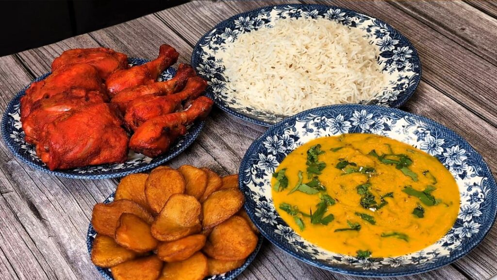 My Ultimate Comfort Meal, Toor Dal, Fried Chicken, Basmati Rice and Crispy Potatoes.