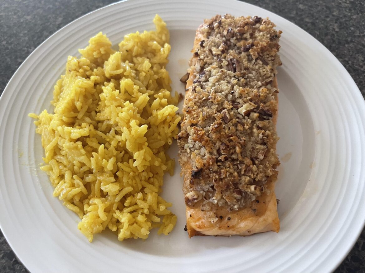 Mishmash of recipes! Turmeric Rice and Pecan Crusted Salmon