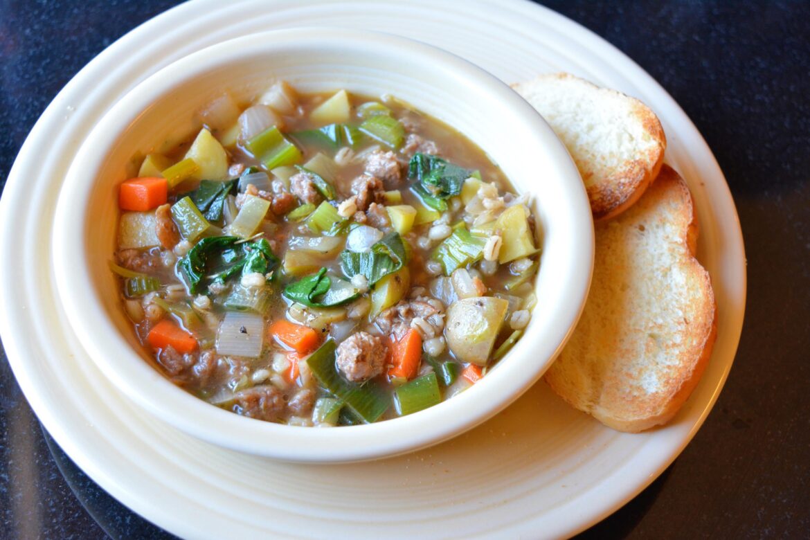 168 Calories for 1.5 cup serving of vegan beef barley, leek, and potato soup. Thin sliced Bread is 85 cal