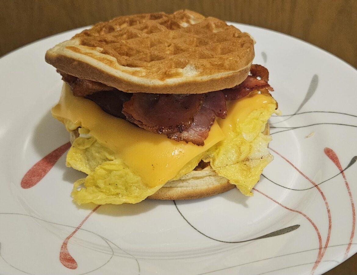 Bacon, egg and cheese waffle sandwich.