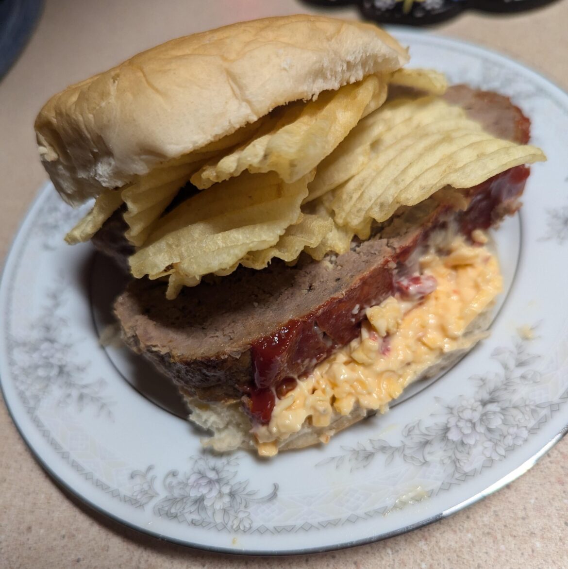 Cold meatloaf, pimento cheese, and fat man's lettuce