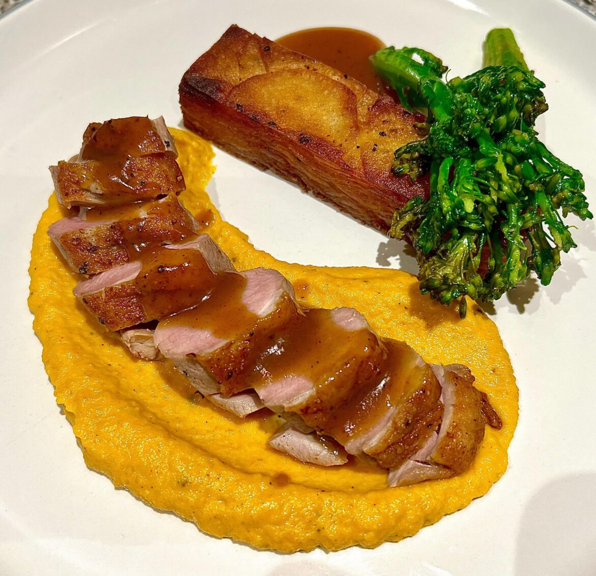 Duck, carrot purée, potato terrine, long stem broccoli & honey mustard sauce (home cook)