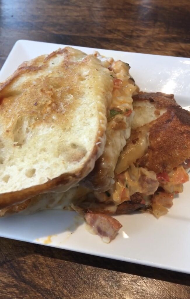 Butter grilled baguette, loaded with cheese, spicy chorizo & roasted pepper