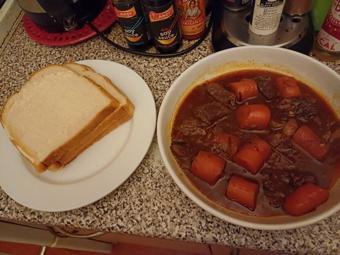 Simple slow braised beef and buttered bread.