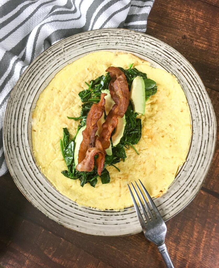 Keto Egg Wraps with Spinach, Avocado, & Bacon