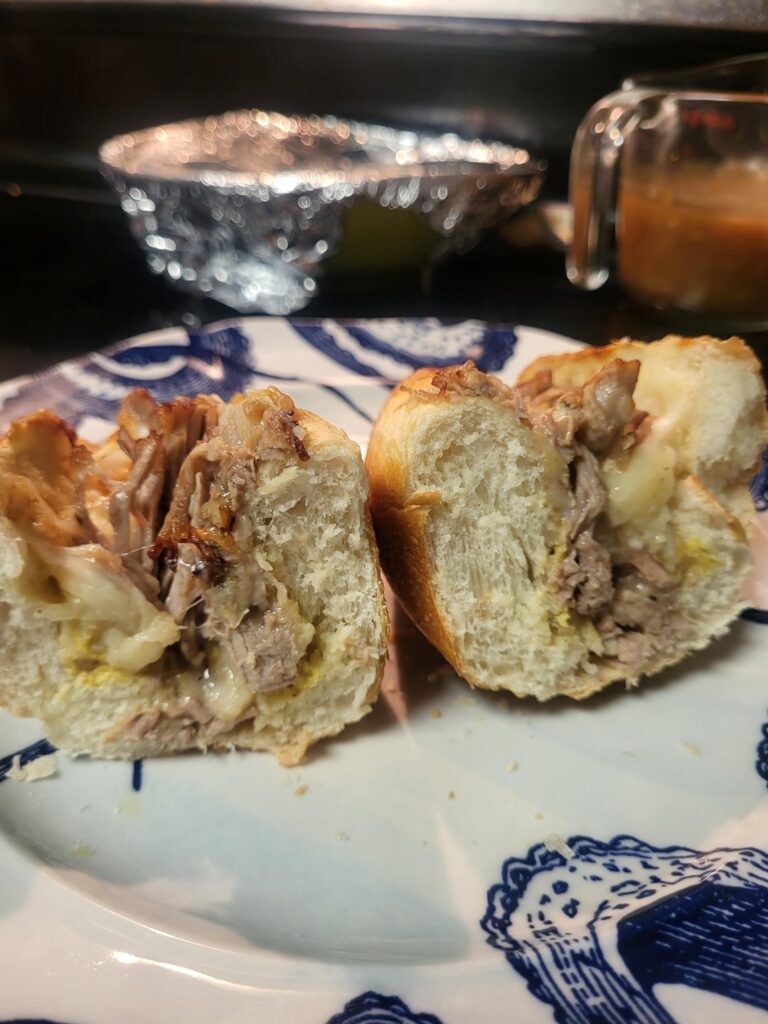 Used leftover shredded pork tenderloin, garlic mashed potatoes, & gravy for a sandwich! (Added shredded mozz and brown mustard)