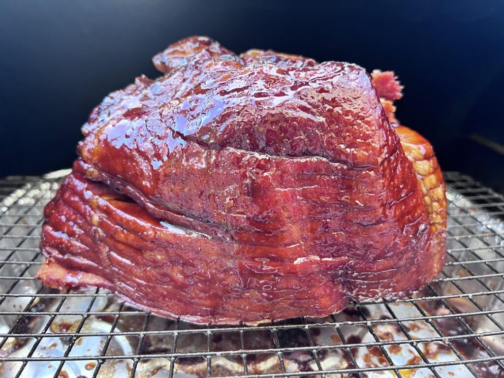 Smoked a pre-smoked spiral ham.  “Old fashioned” bourbon glaze.
