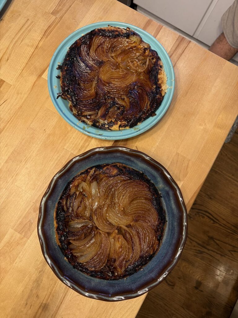 My sweet sister made me a French onion tarte tatin after I shared how much I loved one from a restaurant. Swipe for the cooking photos.