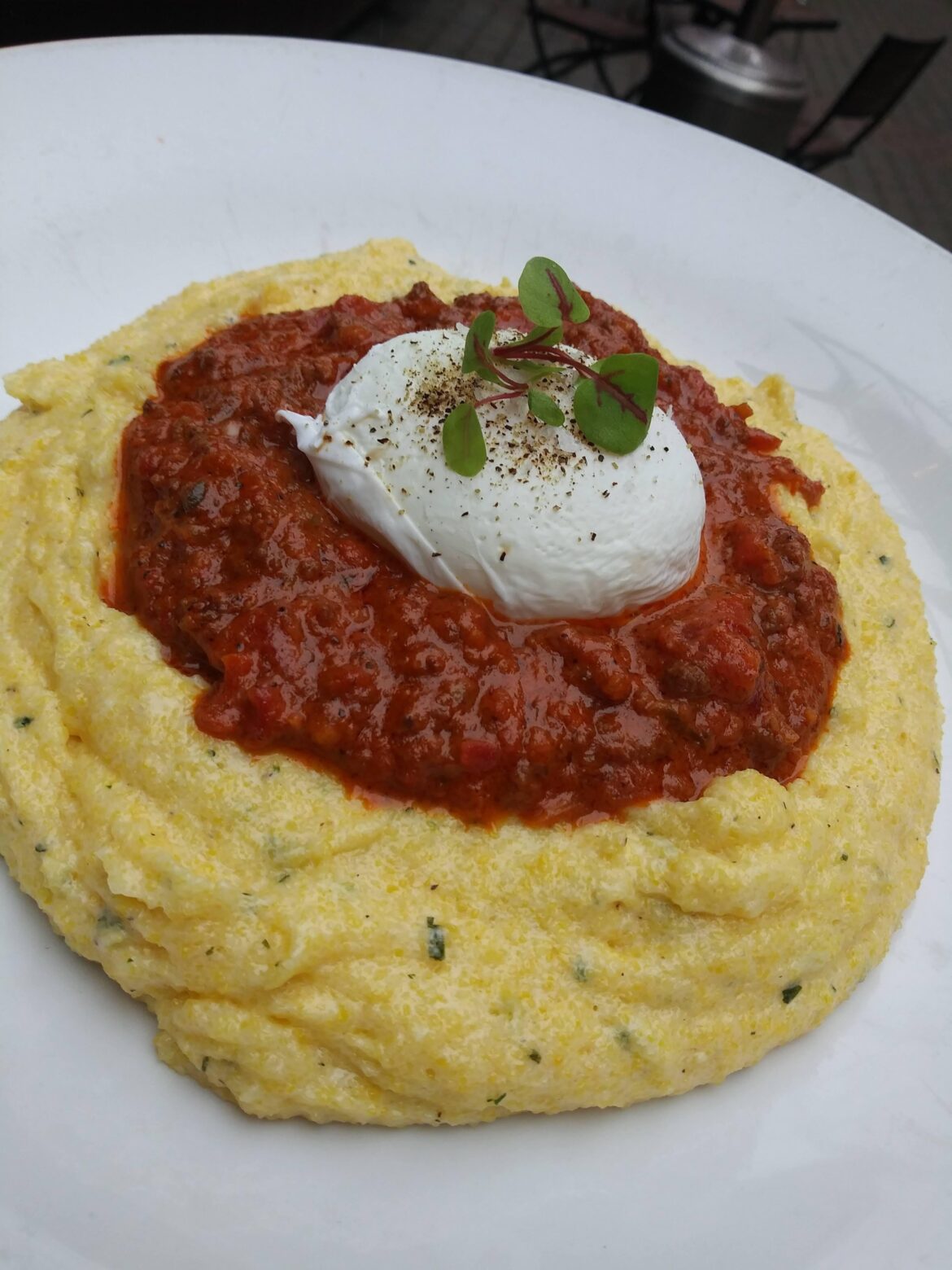 Polenta and Bolognese with a poached egg on top...