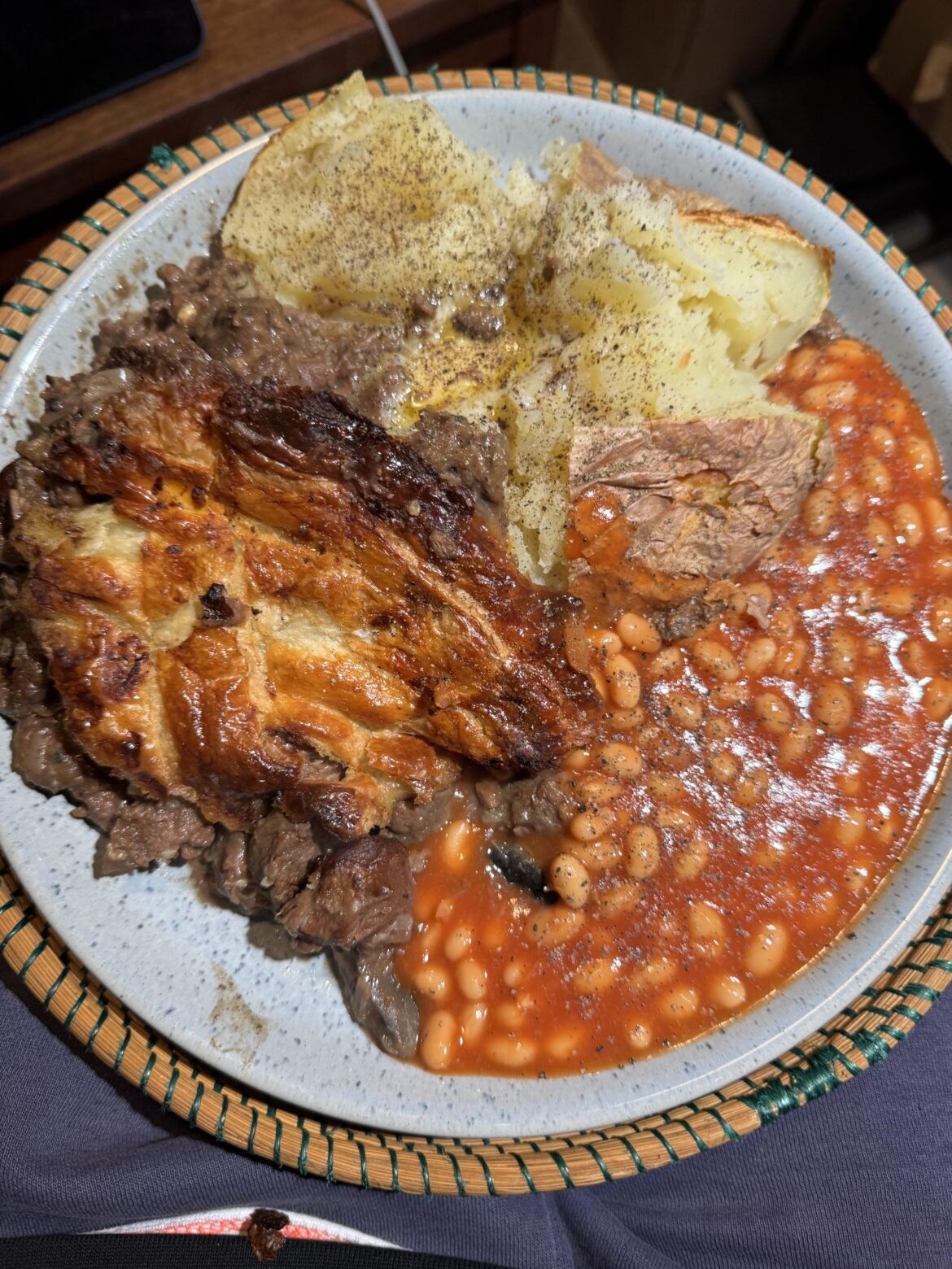 Steak and kidney pie jacket potato & beans
