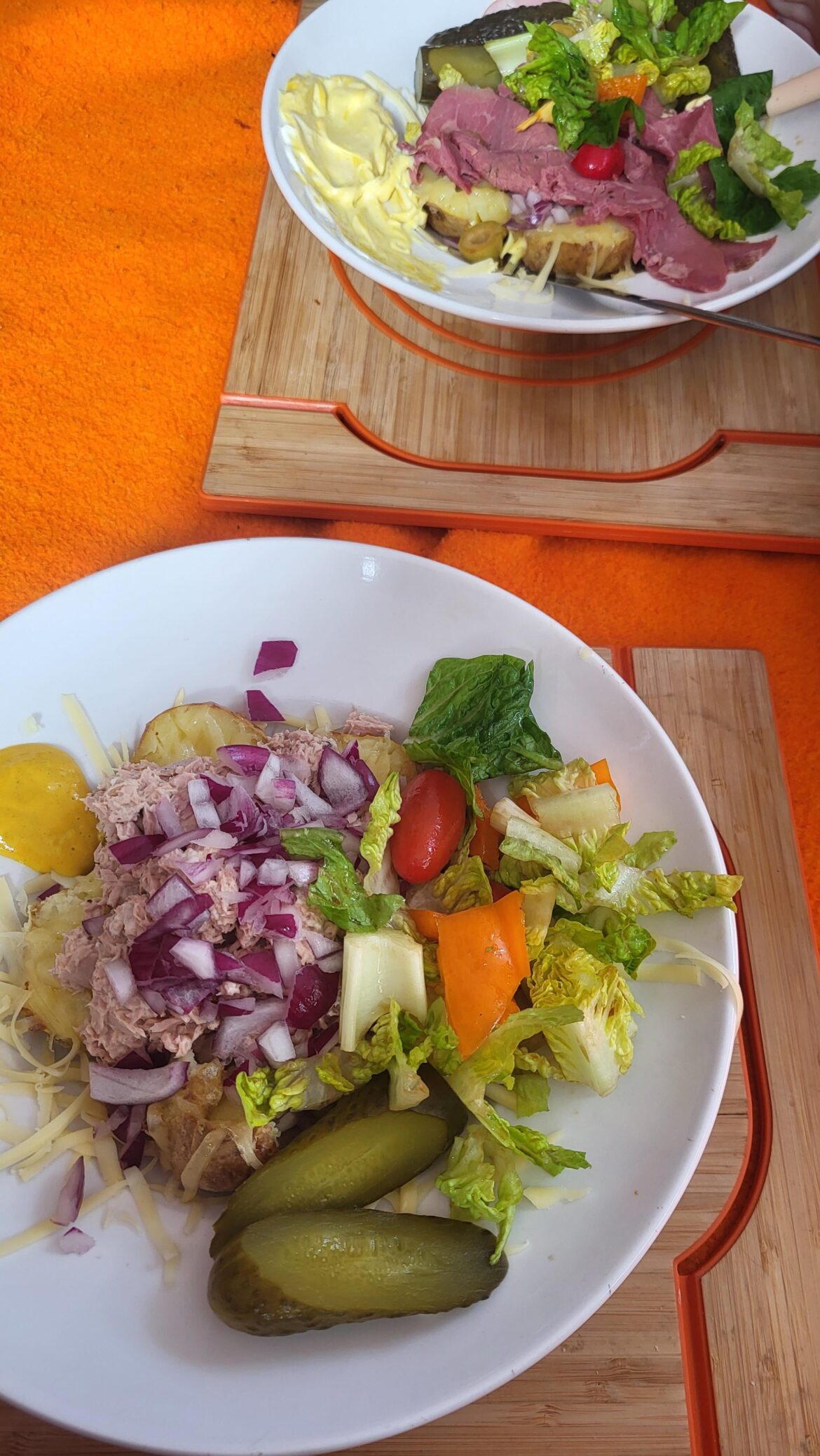 Jacket potato's with tuna and onion, and brisket and ham and cheese.