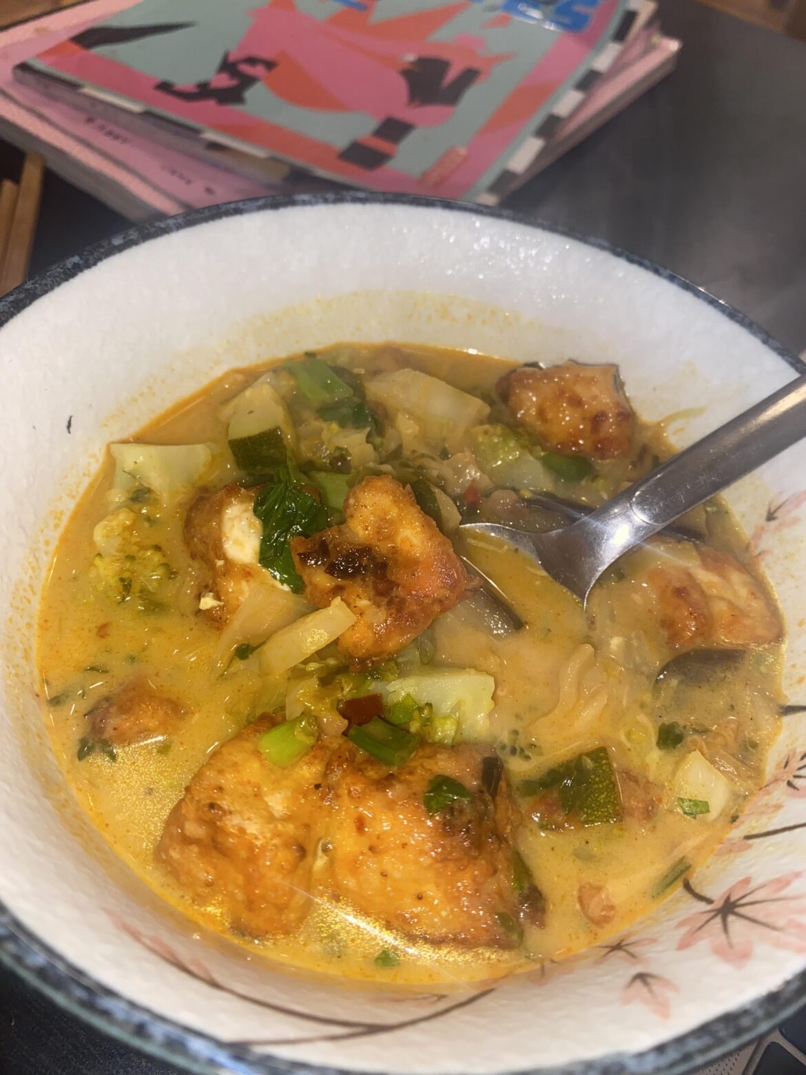 Crispy tofu in coconut curry soup