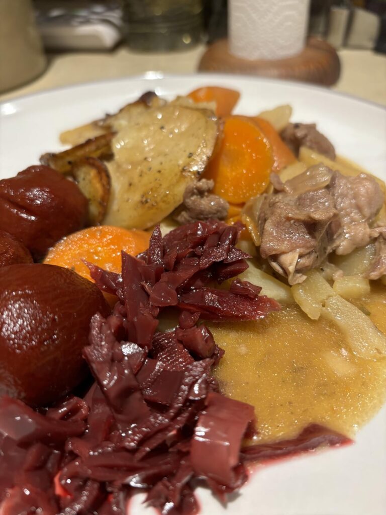 Lancashire hot pot, pickled red cabbage and beetroot.