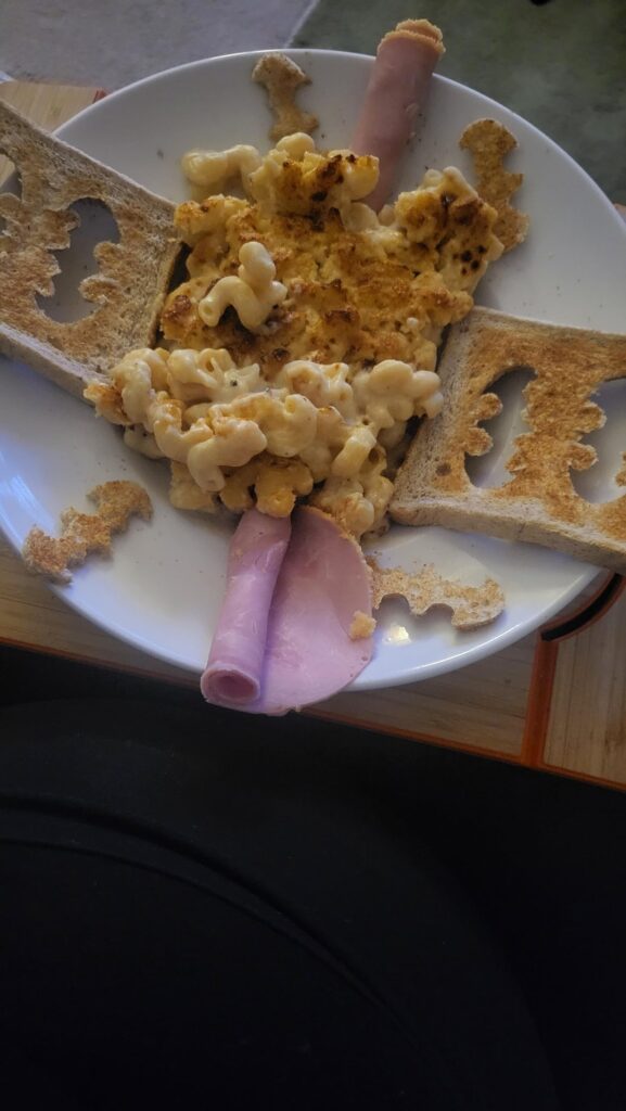 Mac and cheese with batman croutons.