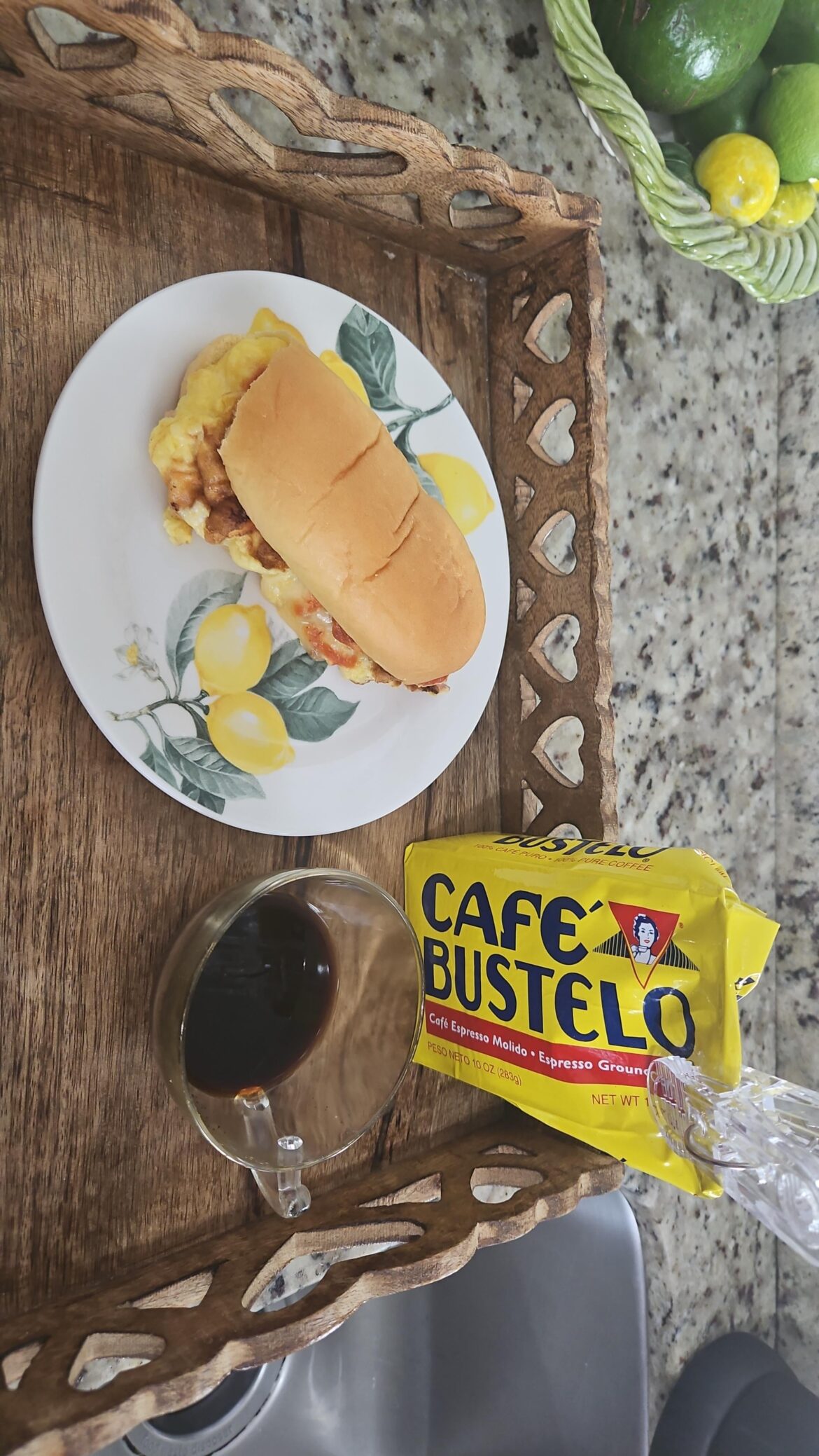 Good morning, a coffee accompanied by bread with egg and cheese