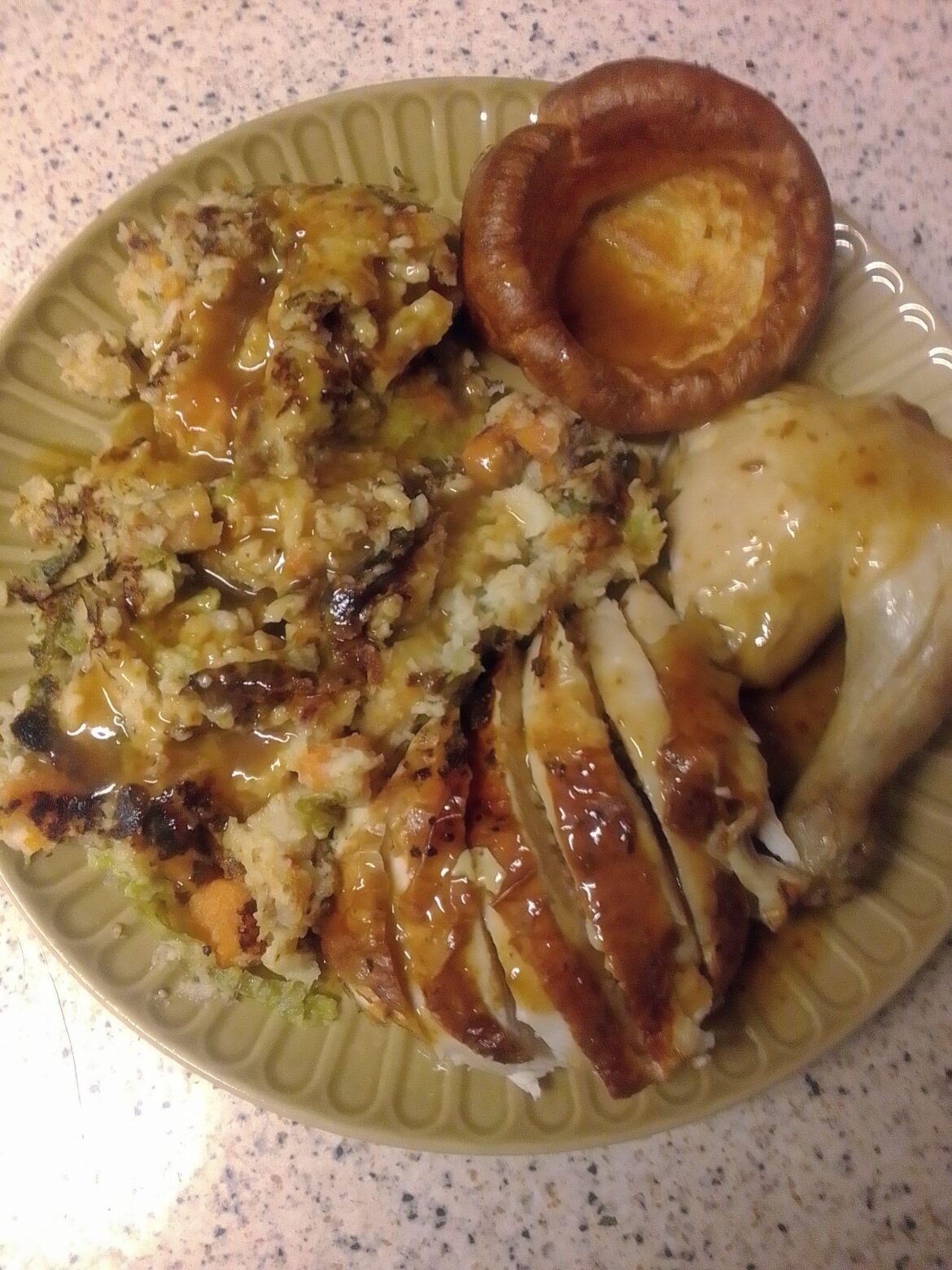 Bubble & squeak, fried in goose fat. Chicken & homemade chicken gravy (Yorkie courtesy of Sainsburys)