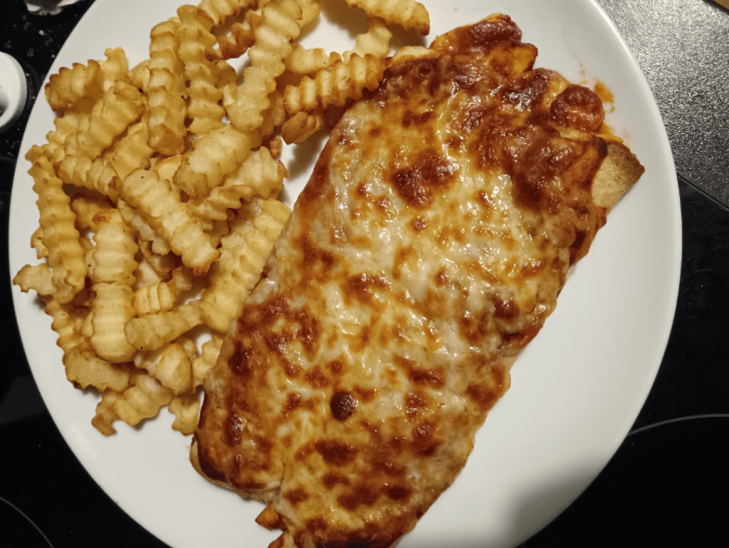 Cheesy baked enchiladas w/ air fryer chips