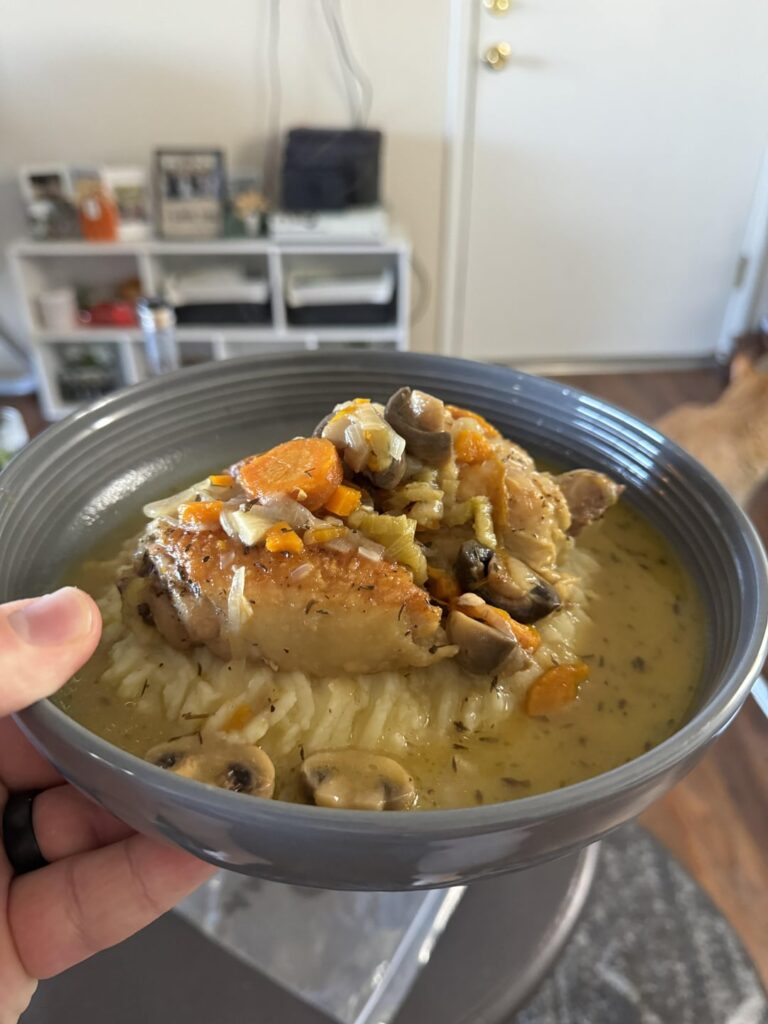 Used Dan Gritzers Coq au vin recipe as a guide for coq au vin blanc