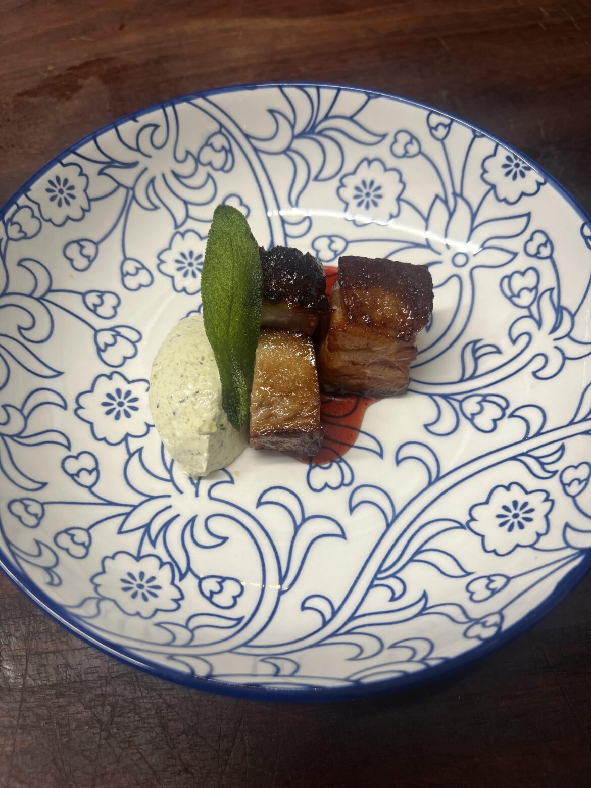 Cured pork belly, cranberry glaze, Poblano crémeux, fried sage