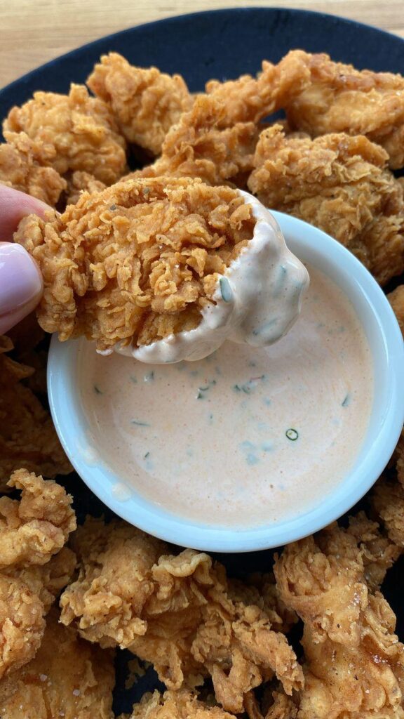 Fried Chicken Tender Bites with Buffalo Ranch Dipping Sauce