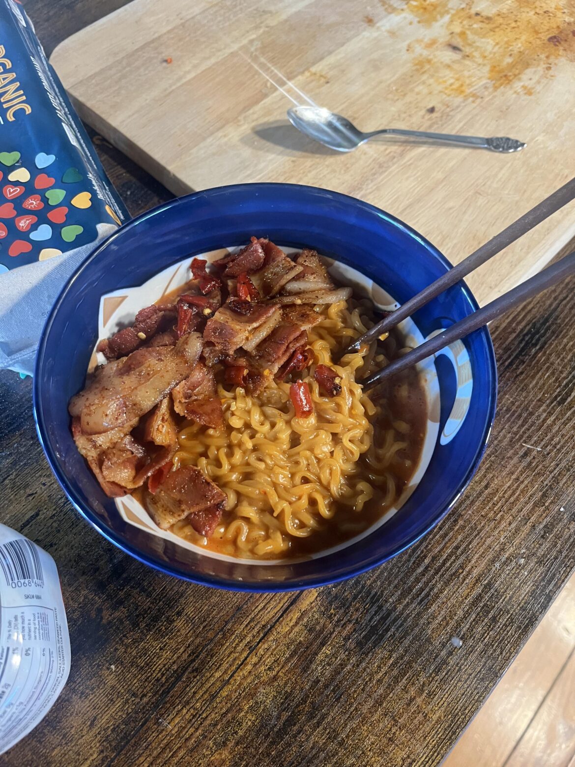 buldak carbonara with thai chile bacon