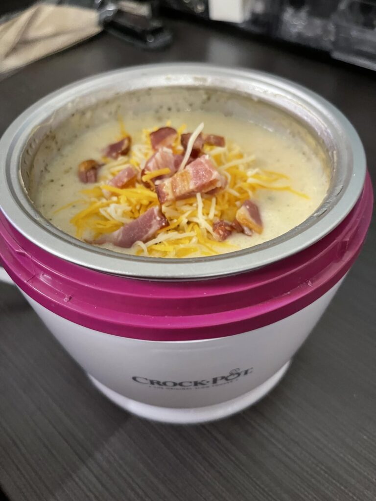 Potato Soup…My absolute FAV. Also, this mini crockpot is a must if you like soups at work.