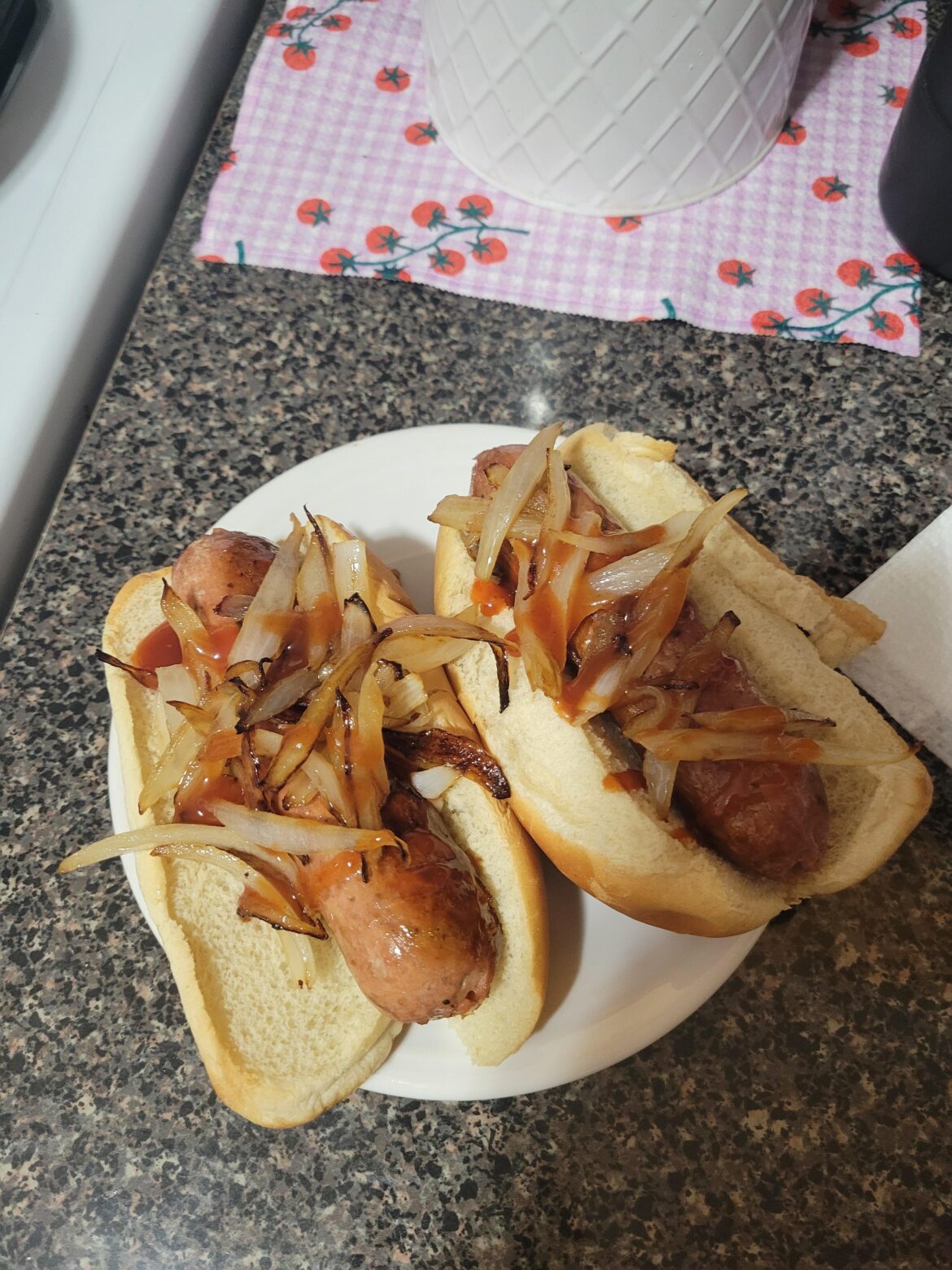 beyond hot dogs with sautéed onions and masala ketchup 😌