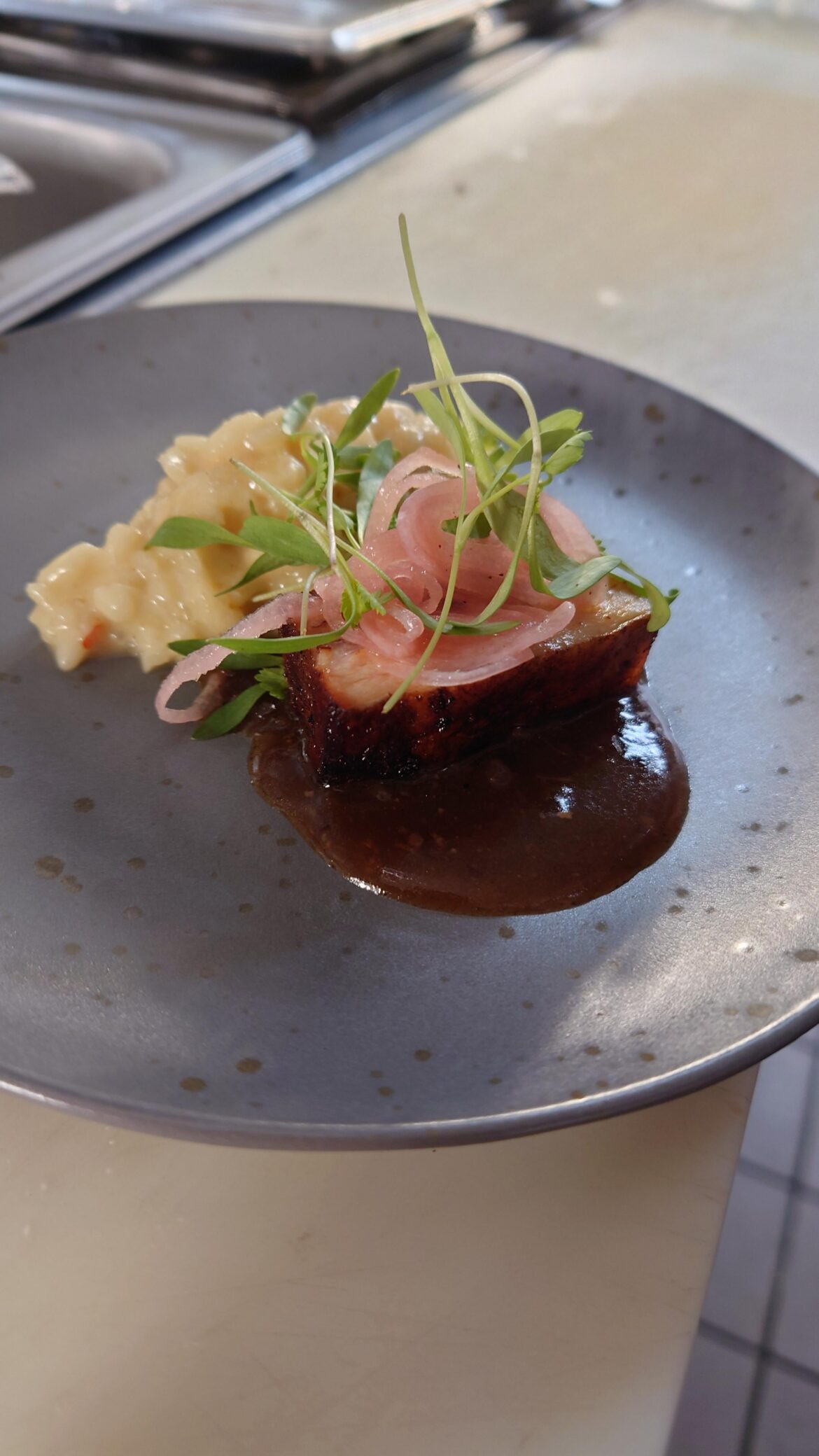 Braised Pork Belly, Pickled Shallots, Red Wine Demi, & Risotto (Amuse Bouche)