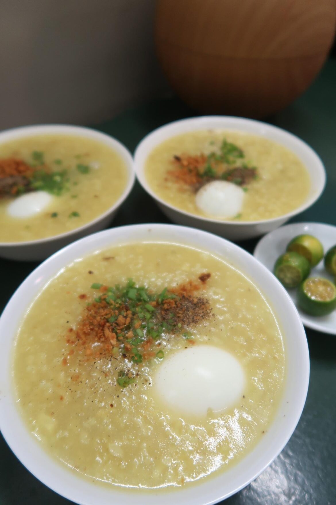 hot congee with soft boiled eggs