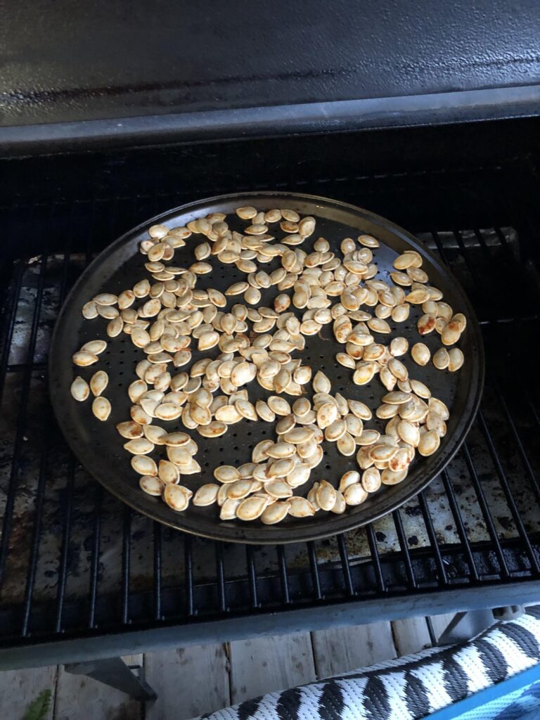 Smoked pumpkin seeds followed the Traeger recipe. Yummy